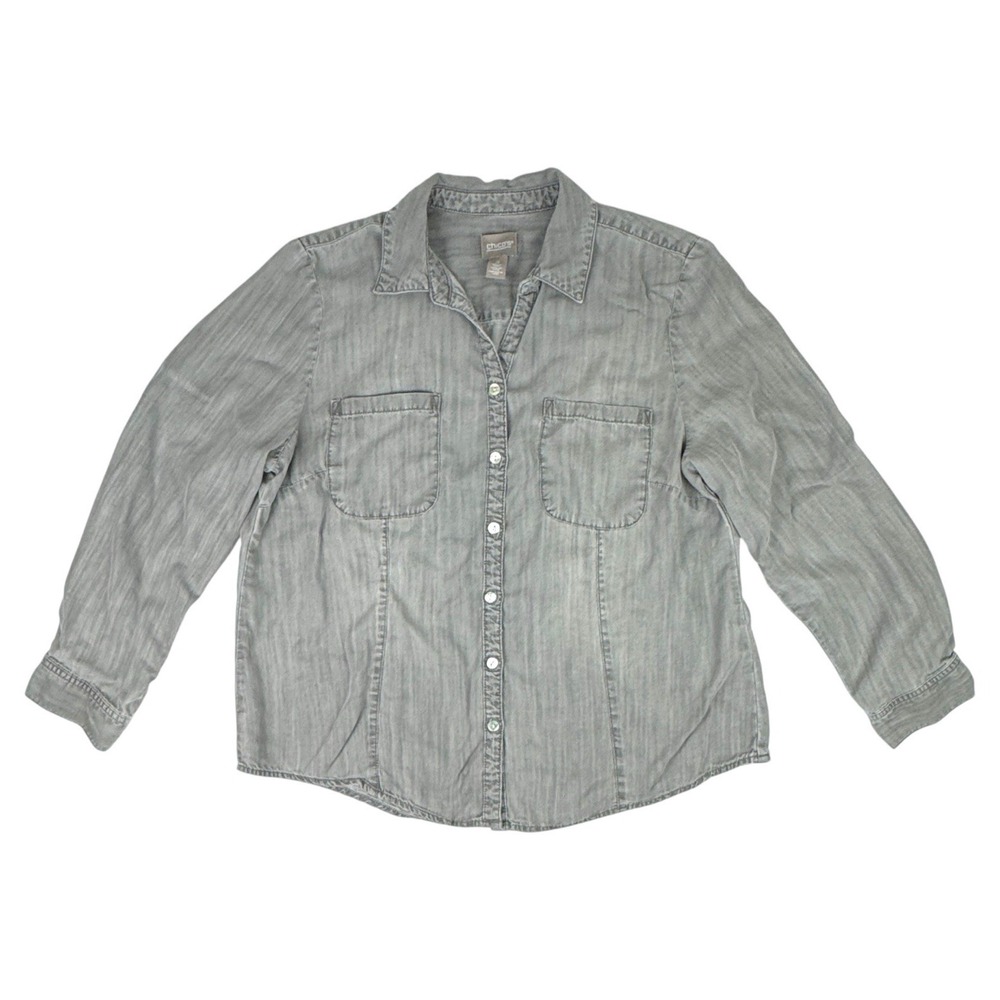 Chico's Sz 2 Large 12 Chambray Blouse Gray Long Sleeve Button Front‎ Ultra Soft